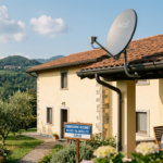 Person using laptop beside satellite dish labeled FAST SAT CONNECT and sign reading CONNESSIONE INTERNET VELOCE VIA SATELLITE - EUPILIO