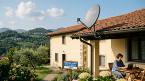 Person using laptop beside satellite dish labeled FAST SAT CONNECT and sign reading CONNESSIONE INTERNET VELOCE VIA SATELLITE - EUPILIO